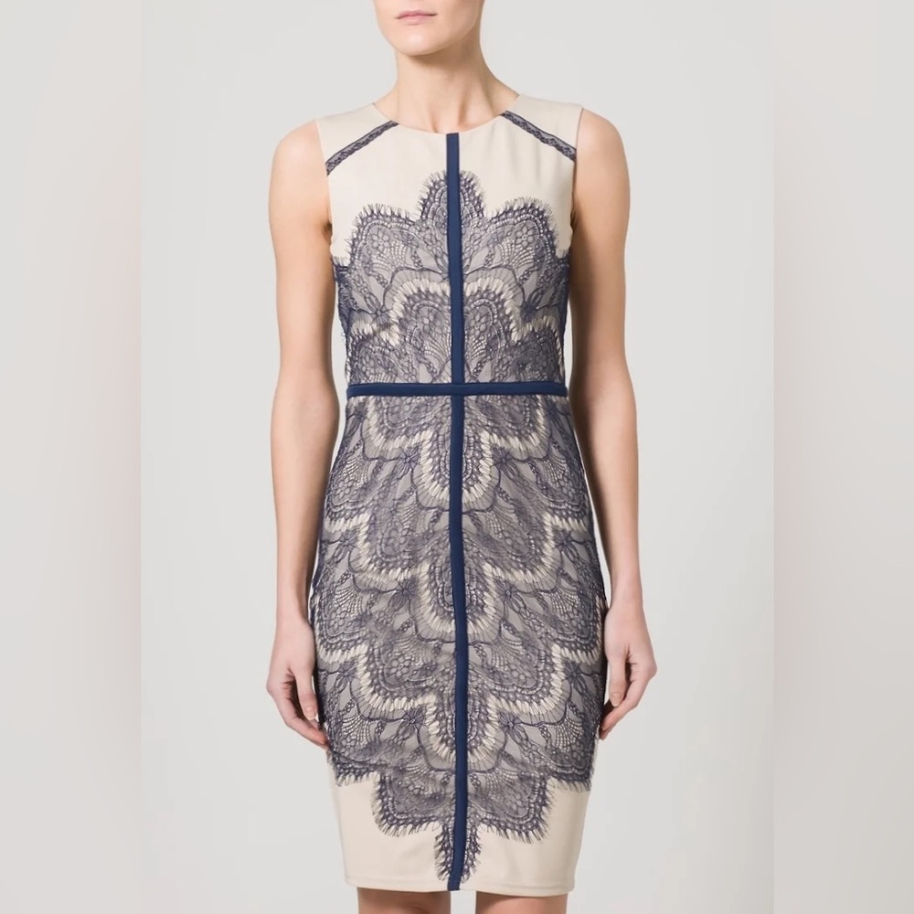 London Dress Company - Nude & Blue Lace Dress - Size 6